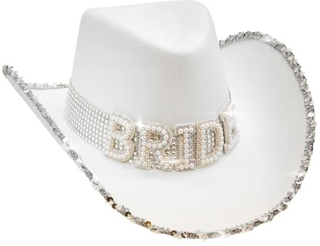 W WIDMANN MILANO Party Fashion - Cowgirl Hut Braut Bride to be | Mit Perlendeko und silberfarbenen Pailletten, Accessoire für Junggesellinnenabschied, JGA und Fotoshootings