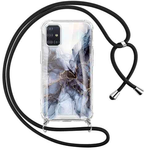 Oelrstfe Handyband für Samsung Galaxy A51 4G/5G Hülle mit Band,Marmor Motiv Transparent Silikon Handyhülle mit Kette Kordel zum Umhängen Stoßfest Kratzfest Anti-Vergilbung Glitzer Schutzhülle,Schwarz
