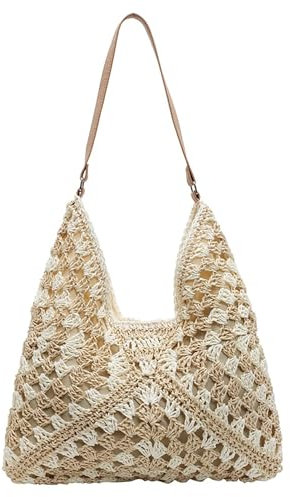 Macayda Strohtasche Damen Geflochtene Tasche, Sommer Korbtaschen Damen Mittelgroß Basttasche Boho Stroh Woven Bag Flechttasche für Strand Reisen Urlaub (Beige)