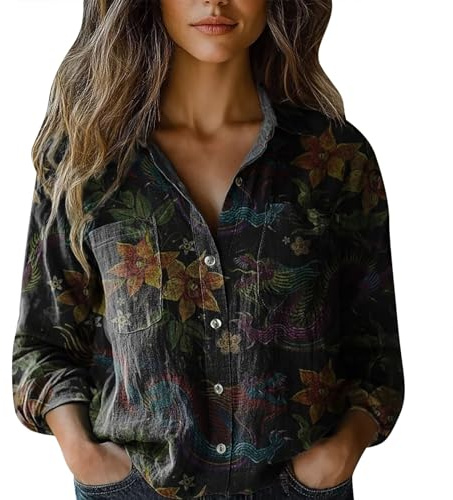 Camisa de mujer Lino Algodón Verano Blanco Vintage Camisas Oversize Elegante Blusa Mar Blusa Manga Larga Cuello en V Blusas Flores Ligero Camiseta con Botones Blusa Clásica Oferta, Negro , XXL