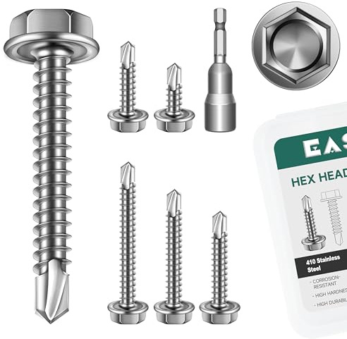 EASTPUK 110Pcs #8 Self Tapping Screws for Metal, 410 Stainless Steel Hex Head Sheet Metal Screws, 1/2 3/4 1 1-1/4 1-1/2 Self Drilling Screw with Drill Bit