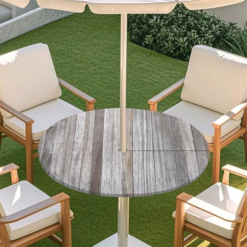 Morbuy Outdoor Tischdecke mit Schirmloch, Holzbrett Stil Runde Elastische Tischdecke Outdoor, Wasserdicht Tisch Decken mit Gummizug Gartentischdecken Tischtuch Tischschutz (Stil 8,78-88cm)