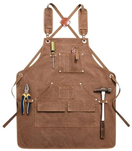 BOJHGO ArbeitsschüRze Woodworking Apron for Men 20 Oz Work Apron for Men with 9 Tool Pockets Gifts for Men Heavy Duty Waxed Canvas Apron(Brown A)
