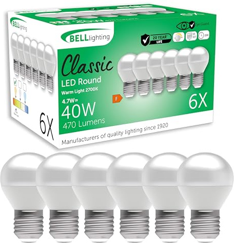 BELL Lighting E27 Dimmable LED Golf Ball Bulbs SMD Warm White 4.7W 6 Pack | Dimmable E27 Edison screw LED golf ball bulbs with 2700K warm white light, 470lm brightness and 40W equivalent output.