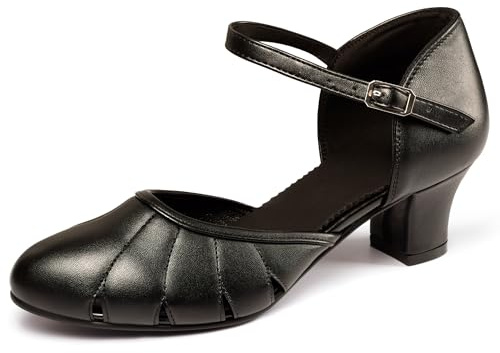 ARCLIBER Women's Ballroom Shoes Leather Pumps Ankle Strap 1.55 Modern Dance Heels for Salsa Tango Flamenco Latin Character Shoes Size 6.5 Black