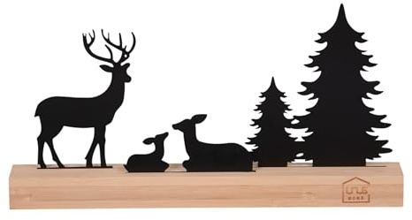 UNUS Aufsteller Hirsche mit Bäumen Winterdeko aus Metall 30x16 cm | mit Bambusfuß, Schwarz oder Weiß dekorative Waldszene für Tisch, Fensterbank oder Kommode