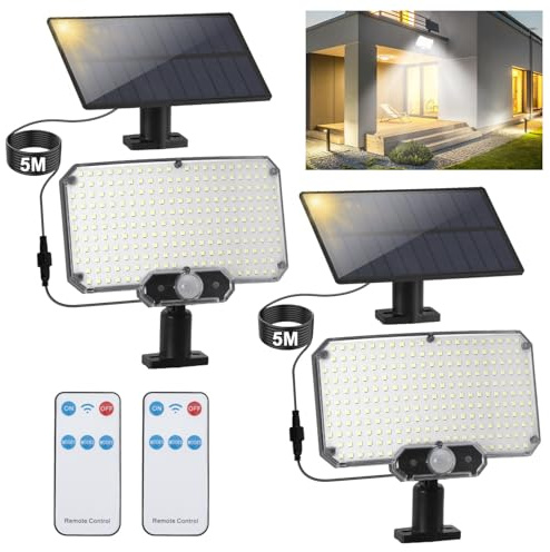 ISOISL Lámparas solares para exteriores con detector de movimiento, 270°IP65, foco solar con mando a distancia, panel solar separado con cable de 5 m, 3 modos, lámpara solar para exteriores, casa