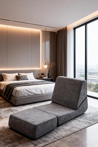 Ojiuboo Pouf pieghevole multifunzionale divano letto a tre strati di schiuma pieghevole senza cornice, poltrona lounge per piccolo soggiorno o camera da letto, grigio