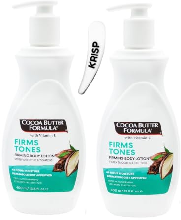 Cocoa Butter Formula Firming Body Lotion with Vitamin E, Collagen, Q10 & Elastin 2 x 400ml – Firms, Tones, Smooths Skin – 48H Moisture, For Dry & Ageing Skin - KRISP Cosmetic Spatula