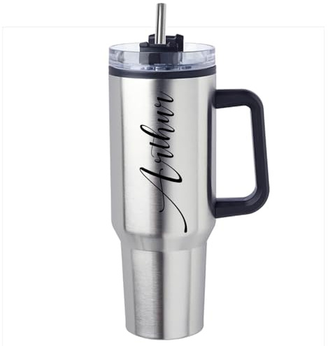 Getagift Personalised 40oz Travel Tumbler with Handle & Straw | Custom Name/Text | Stainless Steel Large Cup | Travel Water Bottle | Car Coffee Mug. (Silver)
