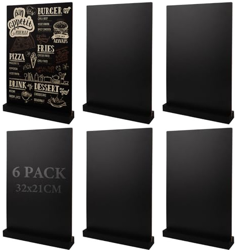 CYEER 6 Stück Kreidetafel Aufsteller A4 mit Holzsockel, 32x21cm Doppelseitige Tischtafel, Abnehmbare Schwarze Tafel zum Beschriften für Gastronomie, Hochzeit, Buffettisch & Preisschilder