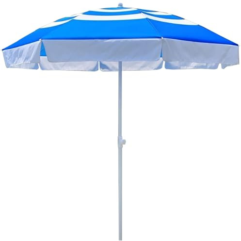 HZSCL Ombrellone da Giardino Grande da 180cm con Funzione di Inclinazione, Strisce Blu E Bianche, 8 Stecche, Pieghevole for Esterni, Giardino, Patio (palo Bianco/palo in Legno)(White Pole)