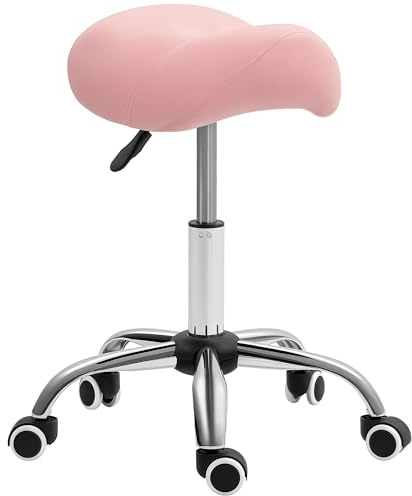 HOMCOM Rollhocker Höhenverstellbar Sattelhocker 49-61 cm Rosa | 360° Drehbar, Arbeitshocker, Hocker, Bürohocker, für Salon, Massage, Spa, Büro