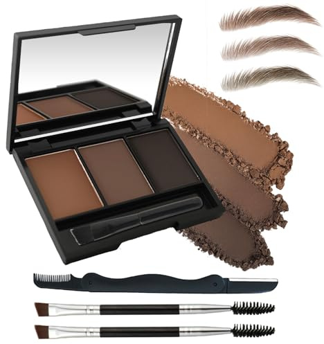 3-Colour Eyebrow Powder Palette Waterproof Sweatproof Long-Lasting Matte Natural Gradient Brows with Mirror Dual Brush Lightweight Fine Powder Accessory Tools Shaping Knife (Kit 01)