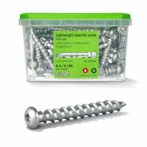 ESSVE betongskruvar set 8,0 x 65 TX30 runt huvud CORRSEAL C4 – 100 stycken vardera | för Ytong, Siporex, Leca | utan förborrning | hög lastkapacitet | specialgänga | ESSBOX+