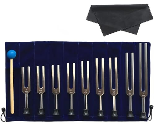 Set di 9 forcelle per accordatura Solfeggio, per terapia del suono, forchette in alluminio, mazzuola, custodia, panno per la pulizia, include F, UT, RE, MI, SOL, FA, LA e altro ancora