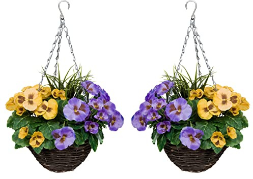 2 x Hanging Baskets with Purple & Yellow Flowers and Decorative Grasses (Set of 2)