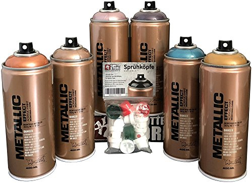 Metallic Box 6x400ml Sprühdosen Set mit Metallic Effekt Lack Rose, Gold, Blau, Kupfer, Plum, Champagner + Ersatzsprühköpfe