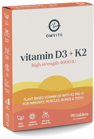 Vegan Vitamin D3 4000 IU + K2 100 mcg (MK-7) - 3 Month Supply (90 Tablets) - Lanolin-Free - High Strength Vitamin D Supplement – Supports Immunity, Bones & Muscle Function - Made from Lichen
