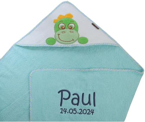 Generisch ★ Kapuzentuch mit Namen Bestickt ★ Handtuch MIT Kapuze ★ 100x100 cm ★ Geschenk ★ (Türkis-Dino)