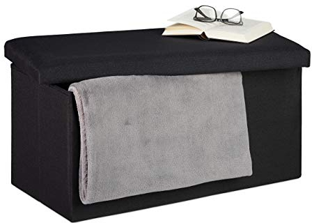 Relaxdays Sitzbank mit Stauraum, Leinen-Optik, gepolstert, Flur, Schlafzimmer, Truhenbank, HBT: 38x76,5x38,5 cm, schwarz