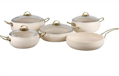 OMS Cookware 9 Piece Non Stick Granite Copper Set Ball Shape Set Ivory Cream Glass Lids Casserole Pan Pot - Essential, Pots and Pans Set - 3024 - Made in Turkey