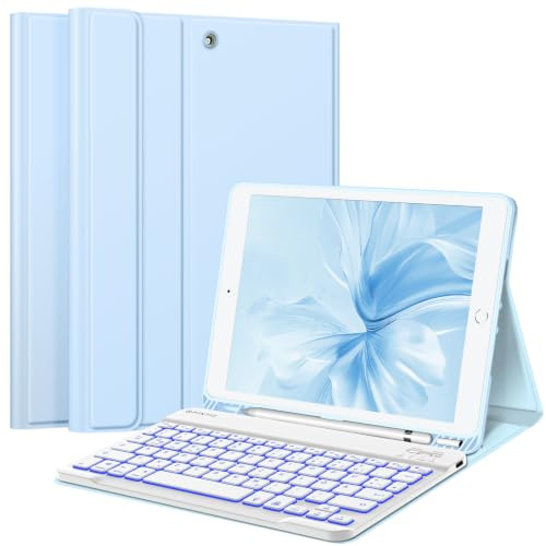 FINTIE Hülle mit Tastatur für iPad 9./8./7. Generation (10.2 Zoll) | 7 Farben Beleuchtete, Magnetisch abnehmbare, deutsche Bluetooth-Tastatur, Schutzhülle mit Stifthalter, Himmelblau