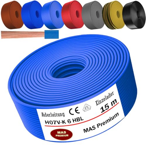 MAS Premium De 5 à 100m Câble conducteur H07 V-K 6 mm² Noir Brun Bleu foncé Vert jaune Gris Rouge Orange ou Bleu clair, conducteur unique flexible (Bleu clair, 15m)