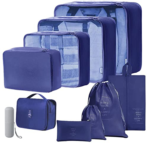 Packing Cubes for Suitcase, Toifucos 10pcs/Set Travel Packing Cubes Travel Luggage Packing Organizers Waterproof Travel Compression Suitcase Bag Travel Essential Bag (Navy Blue)