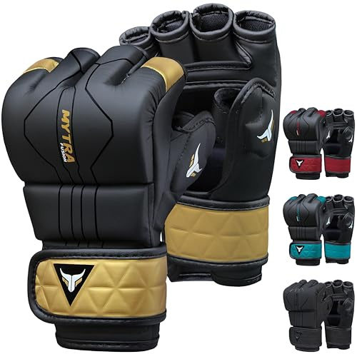 Mytra Fusion MMA Gloves with Open Ventilated Palm Sparring Gloves Kickboxing, Grappling, Training, Cage Fighting Mixed Martial Arts Gloves (L, Black/Gold)