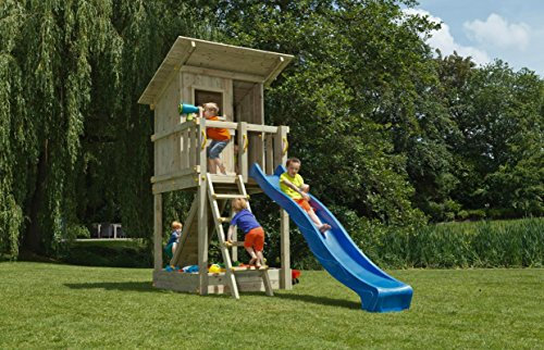Gartenwelt Riegelsberger Spielturm Beach Hut aus naturbelassenem Lärchenholz B130 x T150 x H329 cm mit Kletterwand Wellenrutsche APFELGRÜN Sandkasten Bodenanker Leiter und Griffe