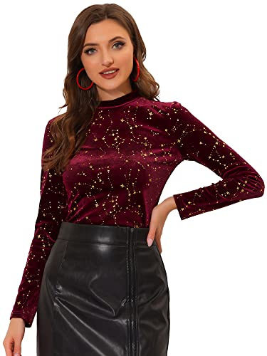 Allegra K Damen Weihnachten samt Metallic Stern Langarm Bluse | Glänzendes Druckdesign Geeignet für Herbst Winter Halloween und Wochenendtreffen Metallische Akzente