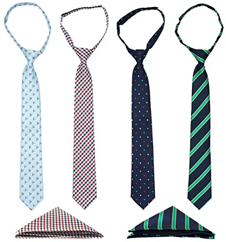 BELLUNO Boy's Pre-tied Necktie and Pocket Square Set, Hook and Loop Small Ties for Kids and Pre-teens
