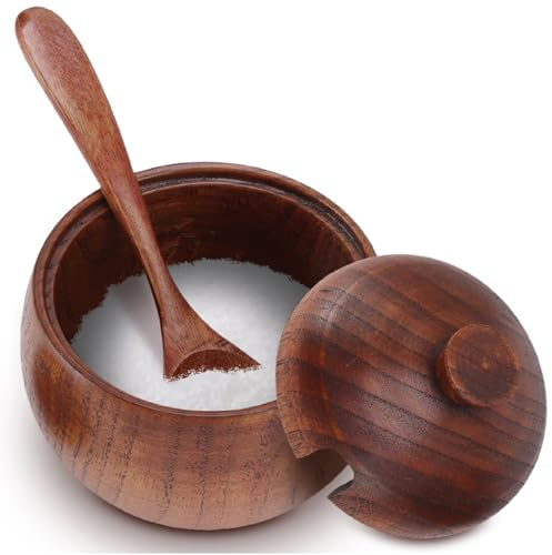 Natudeco Holz Gewürzdose Holz Salzdose Zuckerdose Salzdose Gewürzbehälter mit Löffeldeckel Küchenwerkzeug für die Hausküche zum Servieren von Gewürzen Chilipulver