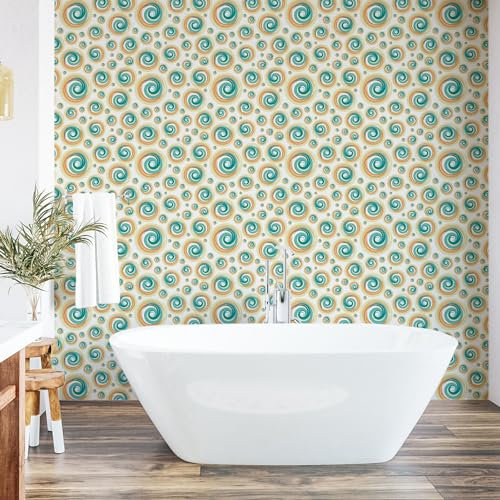 ABAKUHAUS Geometric Circle Peel & Stick Wallpaper for Home, Trippy Paint Brush Rotary Spiral Circle Pattern Blurry Tiles Picture, Self-Adhesive Living Room Kitchen Accent, 33 cm x 180 cm, Teal Orange