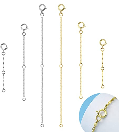 Extensor de Collar Extensión, 6 Piezas Cadena Extensión Ajustable Extensores de Collar 925 Plata Extensión de Cadena Para la Fabricación de Joyas de Bricolaje (Oro, Plata)