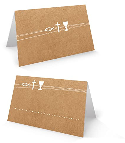 Logbuch-Verlag Lot de 25 cartons de table en aspect papier kraft - Plan de table avec motifs chrétiens Calice Croix Poisson - Décoration pour communion et confirmation