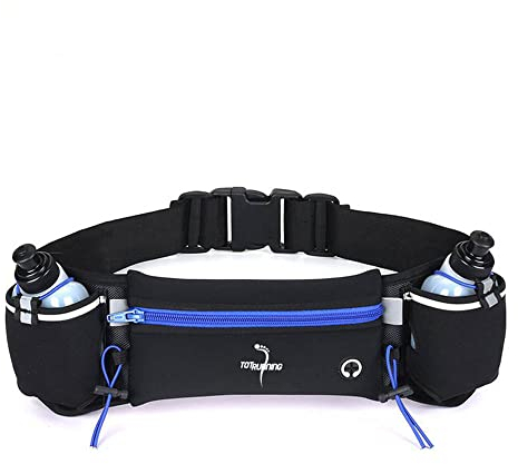 Verstellbarer Laufgürtel mit Reißverschlusstasche, 2 Trinkflaschen, 2 Mehrzweck-Gummibänder und Träger, Schwarz / Blau