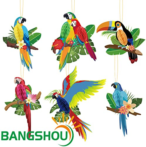 BangShou 6 Stück Tropischer Papagei Hängedekoration, Wabenpapagei Tropische Vogeldekoration für Hawaii-Deko, Sommer Luau Party, Tropical Party (Papagei B)