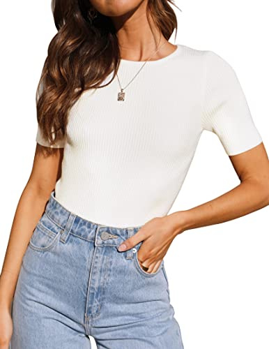 ZESICA Women's Short Sleeve Sweater Tops 2025 Summer Crewneck T Shirt Ribbed Knit Slim Fit Basic Solid Color Tee,White,Medium