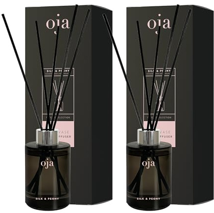 OJA Raumduft Reed Diffuser 2er Pack je 100ml Silk & Peony | Reed Diffuser mit Rattanstäbchen in Glasvase, weicher Pfingstrosenduft