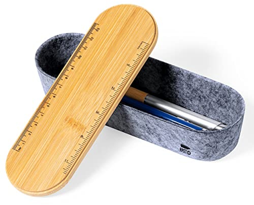 noTrash2003 Federmäppchen Federmappe Stiftemappe aus Recycling Polyester Filz RPET Holzdeckel Lineal integrierte Smartphone-Halterung Gratis Metall Kugelschreiber