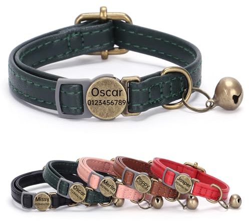 SEOUGEE Katzenhalsband aus echtem Leder, Schnellverschluss mit personalisiertem Namensschild, abreißbare Kätzchen-Halsbänder mit abnehmbaren Glöckchen und Sicherheitsverschluss, gravierte Schnalle,