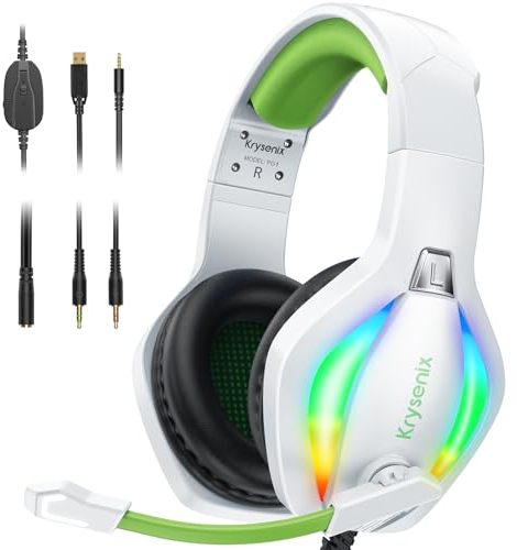 Krysenix PG1 Gaming Headset for PS4, PS5, PC, Xbox one, Switch, Wired Gamer Headphones with LED Light, Ergonomic Design Over Ear Computer Headset with AI Stereo Microphone & 3.5mm Jack, White+Green