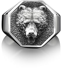 BySilverStone - 925 Silber Handgemachter Bär Herrenring, Silber Wikinger Siegelbär Ring, Wikinger Eheringe Für Männer, Sterling Silber Polierter Boho Geschenk Herrenring