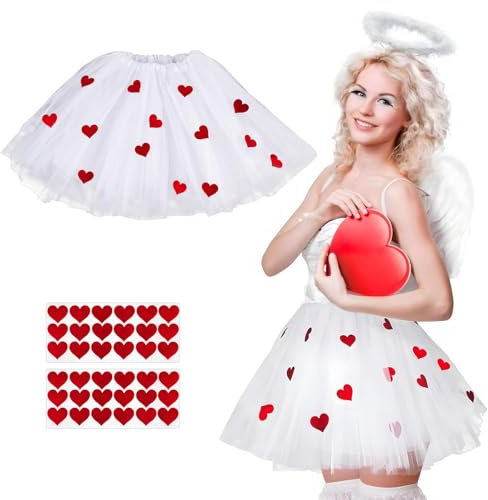 BOFUNX Damen Tüllrock Weiß Tutu Rock Minirock mit 36pcs Herz Sticker Glitzer Aufkleber für Valentinstag Karneval Mottoparty Amor Kostüme Accessoires