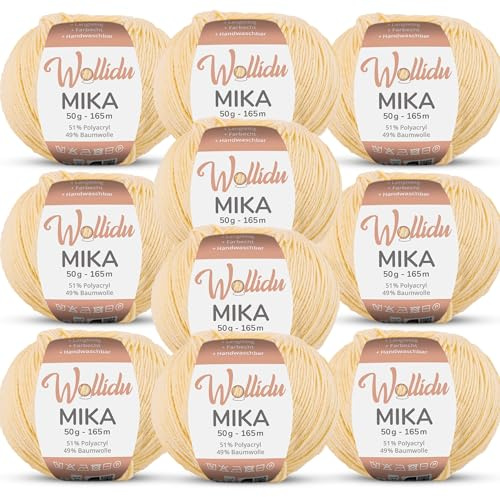 Wollidu Mika 51 % polyakryl, 49 % bomull för virkning och stickning, 10 x 50 g/165 m, Oeko-Tex stickgarn, virkgarn – citron