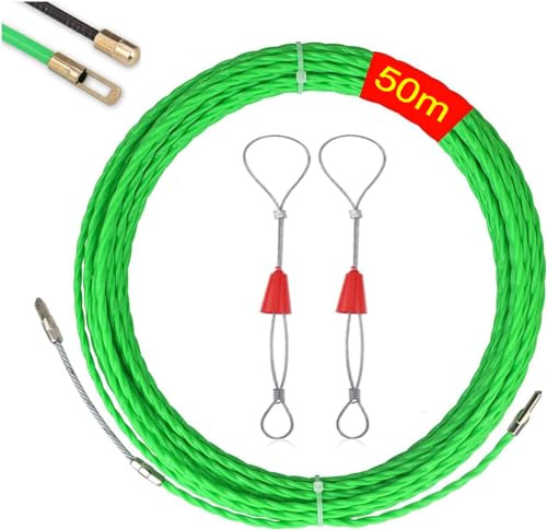 EIKEJI Aiguille Electricien,50m Tire Fil Electrique 4,5mm DiamèTre Tire Fils Electrique,avec 2 Tête Guidage,Tire Fils Electricien Aiguille, Spiralé Flexible Aiguille Tire Fil