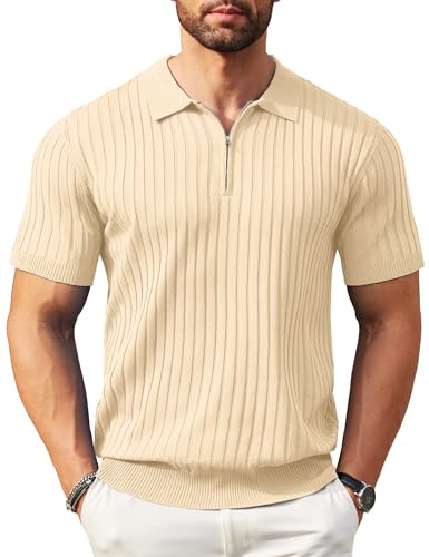 COOFANDY Polotröjor med dragkedja för män kortärmad ribbstickad pikétröja mode vardagliga golfskjortor, Ljus khaki, M