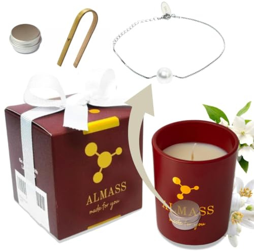 ALMASS - Schmuckkerze - Juwelkerze : Natürliche handgemachte Duftkerze mit Schmuck + verstellbarem 925 Silberarmband mit Perle + Schmuckbox+Pinzette – Cassis, Orangenblüte & Jasmin